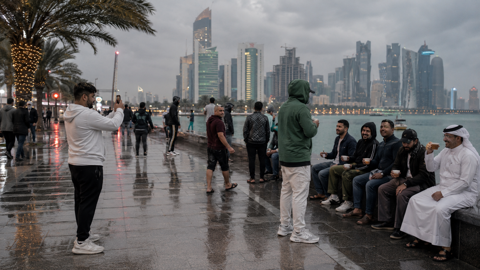 People gathering by the waterfront during a rare rainy day in the Middle East