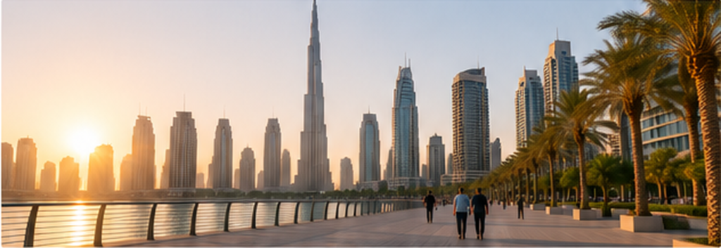 New residents walking along a waterfront promenade in Dubai at sunset