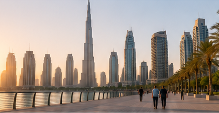 New residents walking along a waterfront promenade in Dubai at sunset