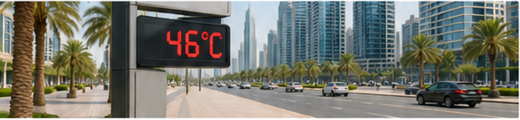 A digital temperature display showing extreme summer heat on a Dubai street
