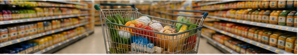 A shopping trolley filled with groceries and daily essentials inside a UAE supermarket