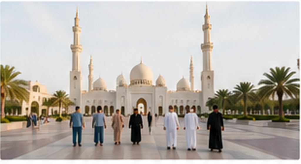 Residents walking near a mosque on a quiet morning in the UAE