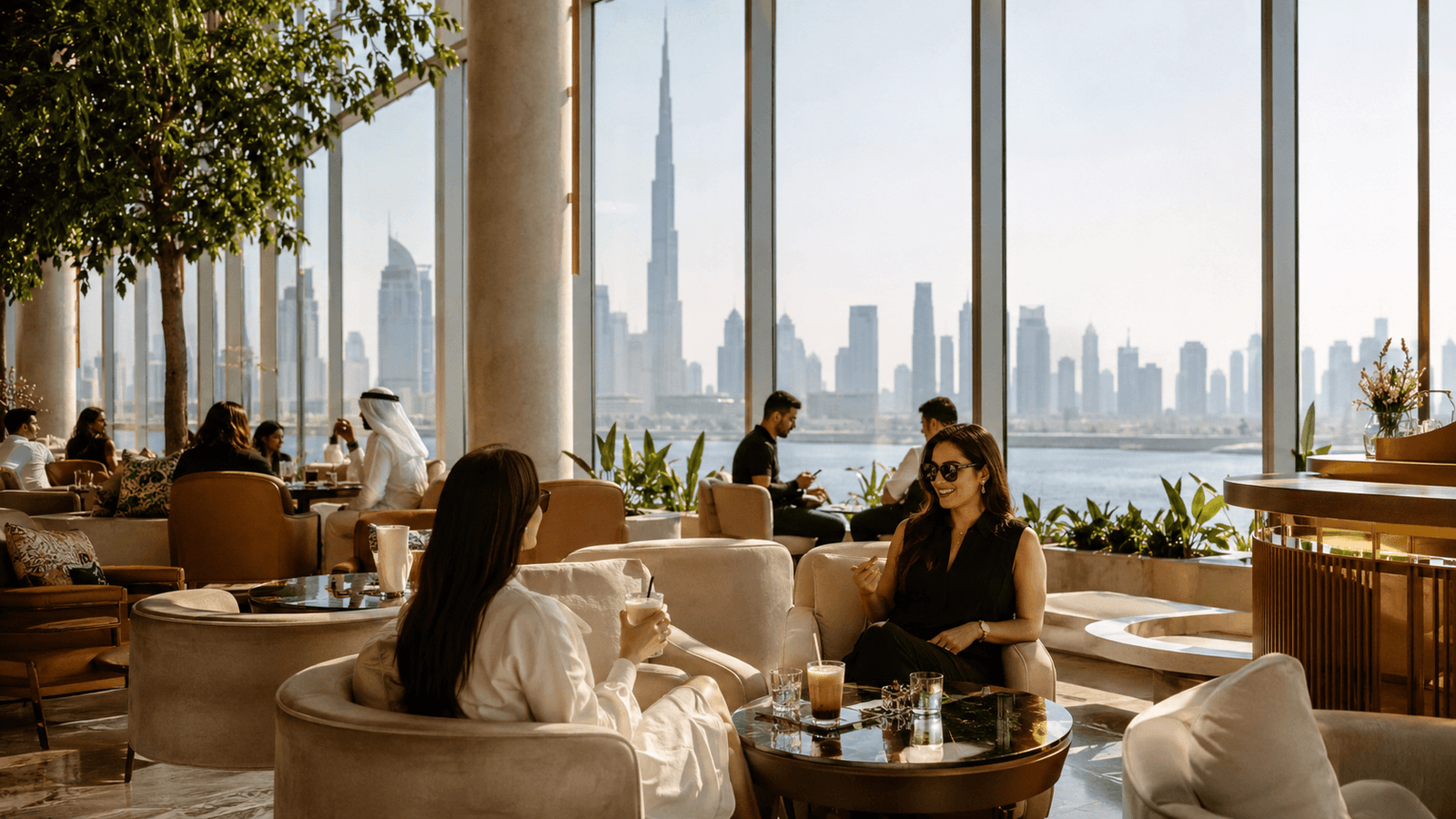 People relaxing in an indoor Dubai café with a skyline view