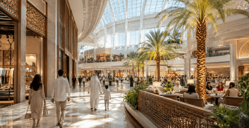 Visitors enjoying a luxury indoor destination in Dubai during summer
