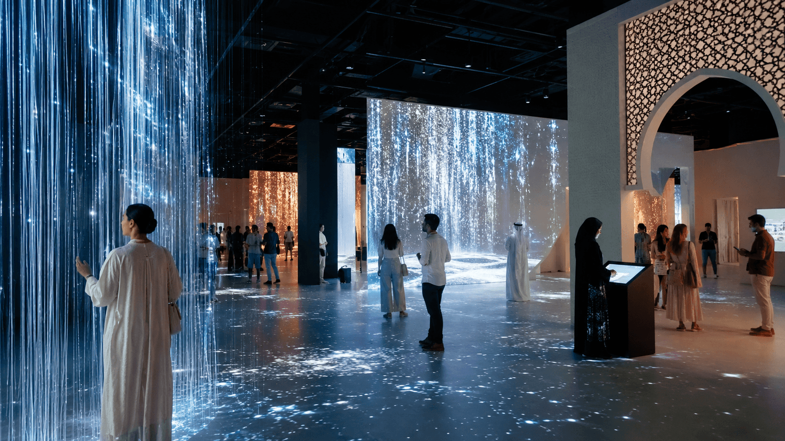 Visitors exploring an immersive digital art exhibition in Dubai